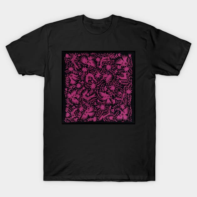 Otomí Mexican hand embroidery hot pink print flowers and animals interior design T-Shirt by T-Mex